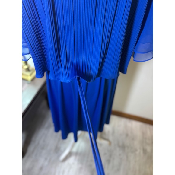 Vintage Royal Blue Dress Pleated Cape Overlay Tie Waist Occasion Party 18/20 - Picture 5 of 10